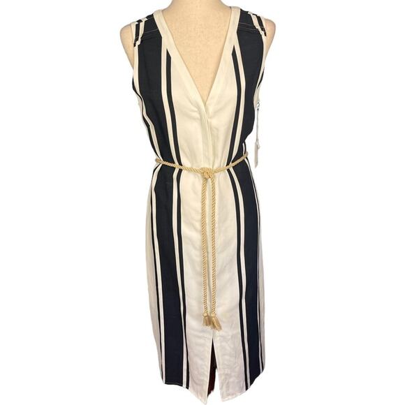 Ecru Black White Bold Stripe Button Front Sleeveless Dress Rope Belt Large NWT - Picture 2 of 8